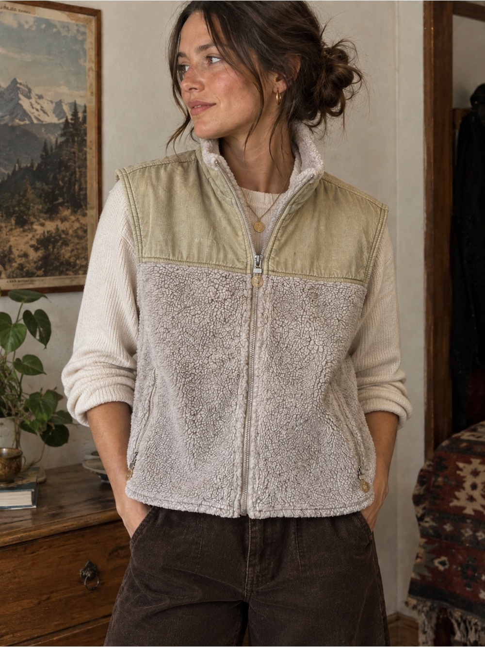 Vintage Sherpa Fleece Vest Y2K 2000s Tech Wear Outdoors Beige Cream Neutrals S
